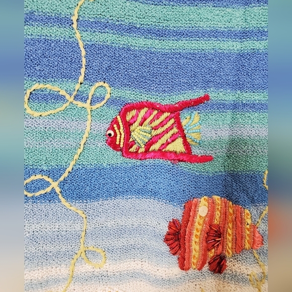 Susan Bristol Fish Beaded Hand Embroidered Shells Colorful V-NeckSweater, Large - Picture 6 of 11